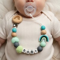 2026 Handmade Customized Name Beech Pacifier Clips Holder Chain Silicone Rainbow Pacifier Chain Baby Teether Teething Chain Gift