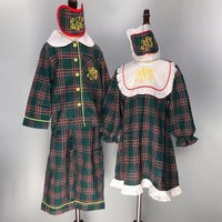 Girls Nightdress Boys Pajama Set With Eye Mask Green Long Sleeve Thin 100% Cotton Four Seasons Pajamas British Plaid Holiday