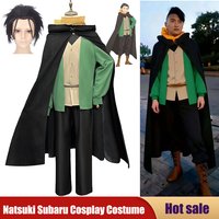 Anime Re:zero Starting Life in Another World Cosplay Costume Re:Zero Natsuki Subaru Black Cloak Vest T-shirt Pants Scarf Wig Set