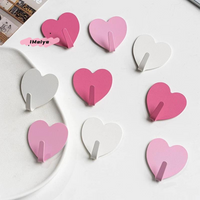 M-5Pcs Pink Heart Shape Self Adhesive Wall Hooks Stainless Steel Sticky Key Hangers for Child Cute Room Decor Clothes Storage