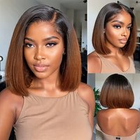 Glueless Soft Ombre Brown Preplucked Short Bob 180Density Silk Straight Synthetic Lace Front Wig With Baby Hair Heat Resistant