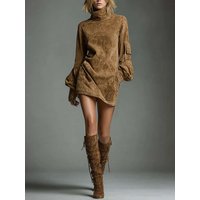 Suede Turtleneck Mini Dress Women Sexy Lantern Long Sleeve Cargo Pocket Dress Elegant High Street Autumn Winter Vestidos 2026