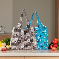 2pcs Cute Cat Print Foldable Tote Bags - Large Capacity Reusable Shopping Bags with Durable Black Shoulder Straps
