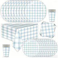 New Blue Grid Theme Birthday Decorations Party Tableware Paper Napkins Cups Plates Tablecloths Straw set for Wedding Baby Showe