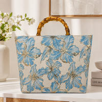 Women Floral Tote Bag Bamboo Handle Large Capacity Beach Handbag Casual Lightweight Shoulder Bag