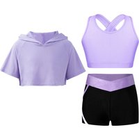 Girl's Hooded Athletic Suits Teens Sports Workout Gymnastics Outfit Children Clothing Set Short Sleeve Sportswear Kids Yoga Sets