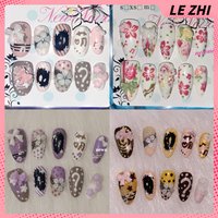 10Pcs Y2K Cute Panda Short Almond Handmade Removable Press On Nails Flower Bowknot Pearl Diamond Wave Point Stars Fake Nails
