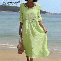 Chic Spring Round Neck High Waist Vacation Dresses 2026 Sexy Hollow Out Solid Linen Dress Summer Flare Sleeve A-Line Beach Dress