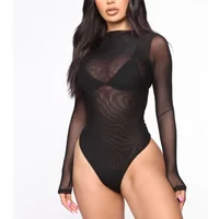 Sexy Women Sheer Transparent Bodysuit Summer Solid Color Long Sleeve Jumpsuits Bodysuits Female Clothing