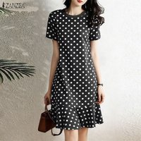 ZANZEA Women's Summer Fashion Polka Dot Dresses Elegant O-Neck Short Sleeve Knee-Length Dress Casual Ruffled Hem Robes Femme