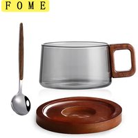 200ml Glass Coffee Mug With Wooden Tray And Spoon Heat-resistant Tea Cup Home Espresso Cup Milk Latte Ground Coffee Cup Set
