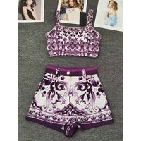 2026 summer women's retro geometric print sexy strapless camisole short top two-piece set+straight tube short fashion set