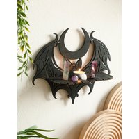Black Halloween Wooden Wall Shelf Gothic Bat Moon Hollow Pattern Floating Shelf Crystal Holder Goth Home Decor Witch Room Decor