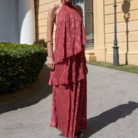 Vintage Sleeveless Hollow Out Halter Printed Dresses Summer High Waist Ruffles Cake Long Dress Elegant Lady Solid Evening Dress