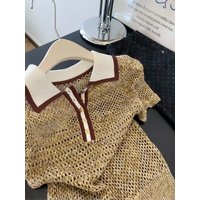 Vintage 2000s Shiny Knit Short Sleeve Tee Women Polo Neck Summer Tops Brown Hollow out Knitwear Lady Clothes Casual T-shirt