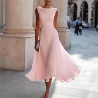 Elegant Solid Long Dresses Summer O-neck Sleeveless High Waist Swing Casual Dresses Office Dress Office Lady Chiffon Slim Dress