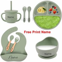 8Pcs Baby Silicone Feeding Set Round Dining Plate Sucker Bowl Dishes For Kids Personalized Name Children's Tableware Straw Cup