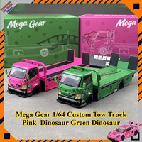 New Mega Gear 1/64 Custom Tow Truck Pink Green Dinosaur Livery Flatbed Trailer Car Model Alloy Model Diecast Collection Gift Toy