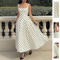 Fashionable Polka Dot Spring Dress Women's High Waist Cleanfit Style Princess Skirt Sleeveless Cotton Polyester Dress