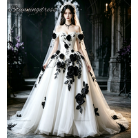 Gothic White Wedding Dress Wth Black 3D Rose Florals Off Shoulder Corset Tulle Ball Gown Princess Bride Dresses Victorian Witchy