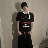 2025 Summer Men's High Street Fashion Embroidery Button Lapel Short Sleeve T-Shirt American Vintage Harajuku Tops Y2k Clothing