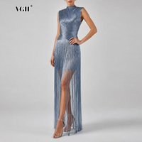 VGH Elegant Galas Blue High Neck Fringe Evening Gown for Women Sleeveless Design Waist Cinched Midi Skirt for Cocktail Parties