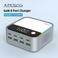 GaN USB C Charger 8 Port Desktop Charger Ambient Lighting Display 100W PD PPS Fast Charger For Laptop iPhone 15 Samsung