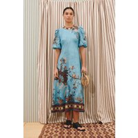 Casual Linen Print Short Sleeve Dress Women's High Waist A-Line Summer Holiday Long Dress Versatile Casual Leisure Gown