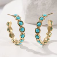 Fashion Gold Color Inlaid Imitation Turquoise Hoop Earrings For Women Classic Party Banquet Earrings Vintage Jewelry
