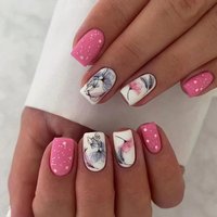 24pcs Shiny Powder Full Cover Nail Tips Pink Short Square Fake Nails Sets Detachable Flower Design Ballet Press on False Nails