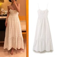 Women's Dress 2026 Summer New White Spaghetti Strap Embroidered Hollow Design Long Dress Beach Vacation Trendy Style