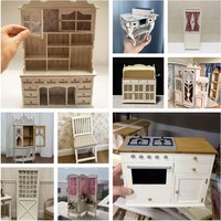 1:12 & 1:6 Farmhouse Furniture DIY Kit or Assembled | Shabby Chic Storage Cabinet, Screen & Desk for Dollhouse -Choose Your Size