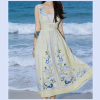 26 year spring/summer new yellow printed V-neck cotton vacation style sleeveless mid length dress