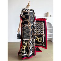 Popular Chain Print Boat Neck Modest Dress Elegant Batwing Sleeve Loose Maxi Dress With Hijab African Women's Clothing