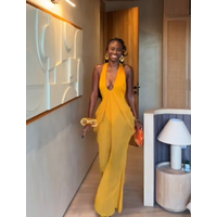 Yellow Halter Neck Flowy Jumpsuit Ladies Deep V Neck Sleeveless Pleated Wide Leg Elegant Summer Beach Holiday Night Out Outfit