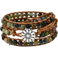 Natural Indian Agate Stone Beaded Wrap Bracelet Flower Charm Boho Triple Layer Adjustable Long Leather Rope Bangle