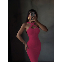 Sexy Halter Hot Pink Ribbed Midi Bodycon Dress For Women Bandage Dress Elegant Night Out Evening Cocktail Party Dress Summer