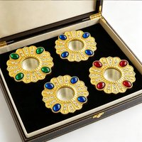 Gold Plated Reliquary Box with Colored Gem Accents for Storing Holy Relics/Ashes, Church Altar & Prayer Room Religious Memorial