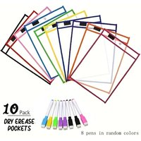 10PCS Dry Erase Pockets Reusable Wipe Clean Pockets Set Learning Resources Assorted Colors Sheet Protectors