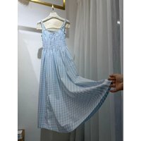 Blue Plaid Women 100% Cotton Midi Dress Drawstring U-Neck Elastic Waist Sleeveless Holiday Casual Robe