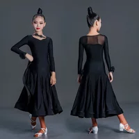 Kids Girls Modern Dancewear Waltz Social Dance Long Sleeve Black Swing Skirts Ballroom Costumes Figure Skating Dresses