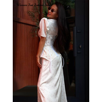 Elegant Lace Splicing Satin Dresses Women's Sexy V-neck Short Puff Sleeve Waist-cinching Long Dress 2026 Summer Lady Party Gowns