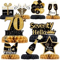 70th Birthday Honeycomb Decor Set, Black Gold Themed Centerpieces with Crown & Champagne Design for Birthday Party