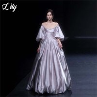 Lily Light Lilac Party Dresses Off the Shoulder Puffed Sleeve Evening Dresses Crystal Trim فساتين السهرة Customized