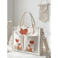 Cute Fox with Heart Balloon Print Corduroy Tote Bag Large Capacity Multi Pocket Girls Commuter Shoulder Bag