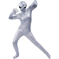 Adult Alien Costume Unisex Halloween Extraterrestrial Space Metallic Bodysuit with Hat for Party Jumpsuit