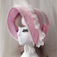 Cute Women Lolita Bonnet Vintage Victorian Hats Cotton Lace Pink Mop Cosplay Accessories