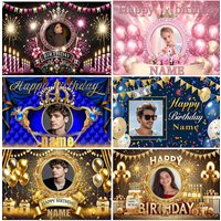 Customized Name Photo Happy Birthday Crown Balloons Backdrop Pink Gold Blue Party Decorations Girl And Boy Photo Props Supplies