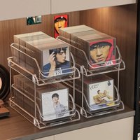 2 Tiers CD Rack Vinyl Records Cassettes Disc Storage with Sliding Drawers CD Shelf Tabletop Vinyl Display Storage Box New