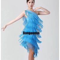 New Women 1920s Flapper Dress Charleston Party Costumes Sexy One Shoulder Tiered Fringe Dress Latin Salsa Rumba Dance Dress Blue